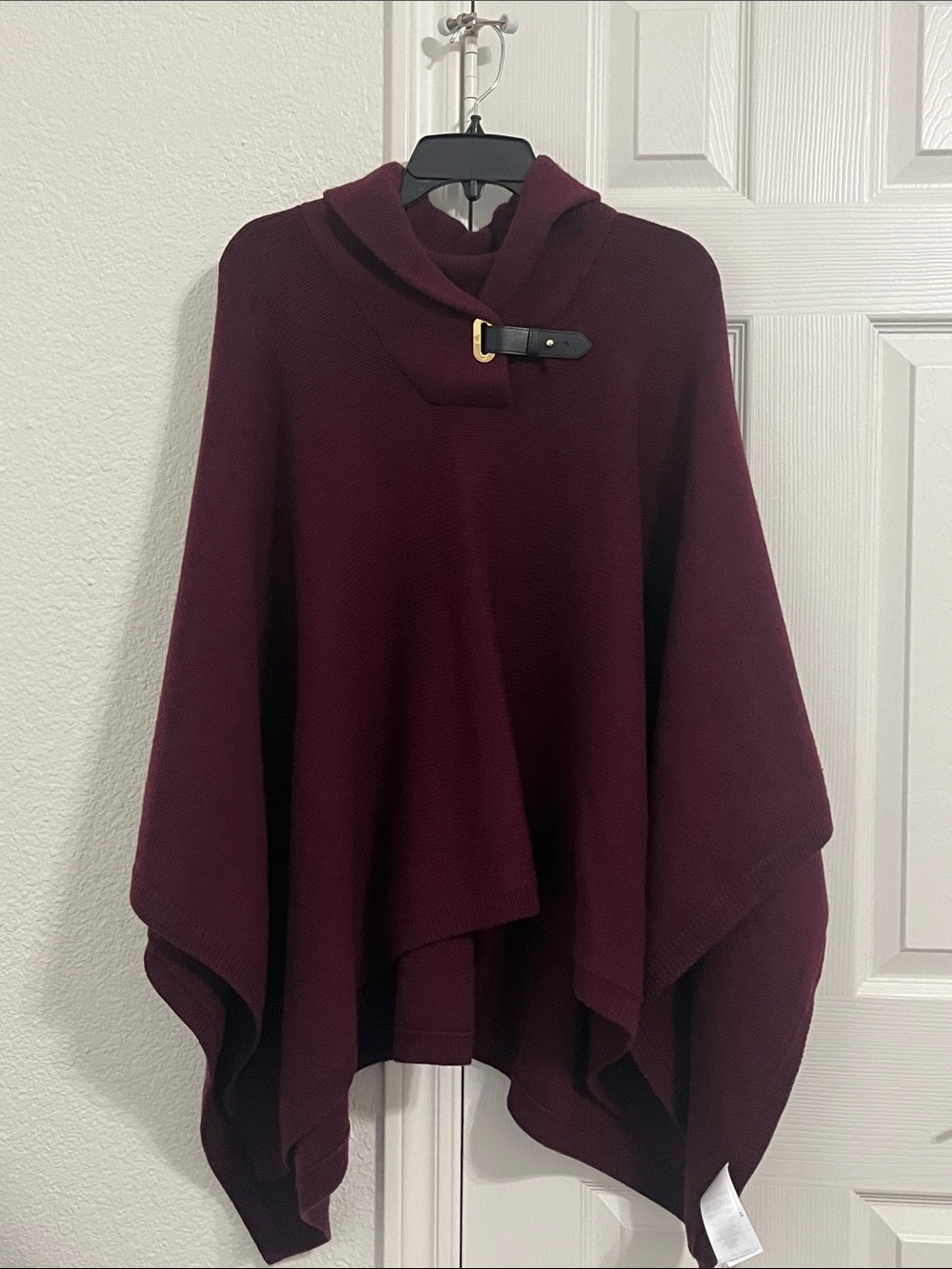 Lauren Ralph Lauren Hooded Poncho in Burgundy with Buckle